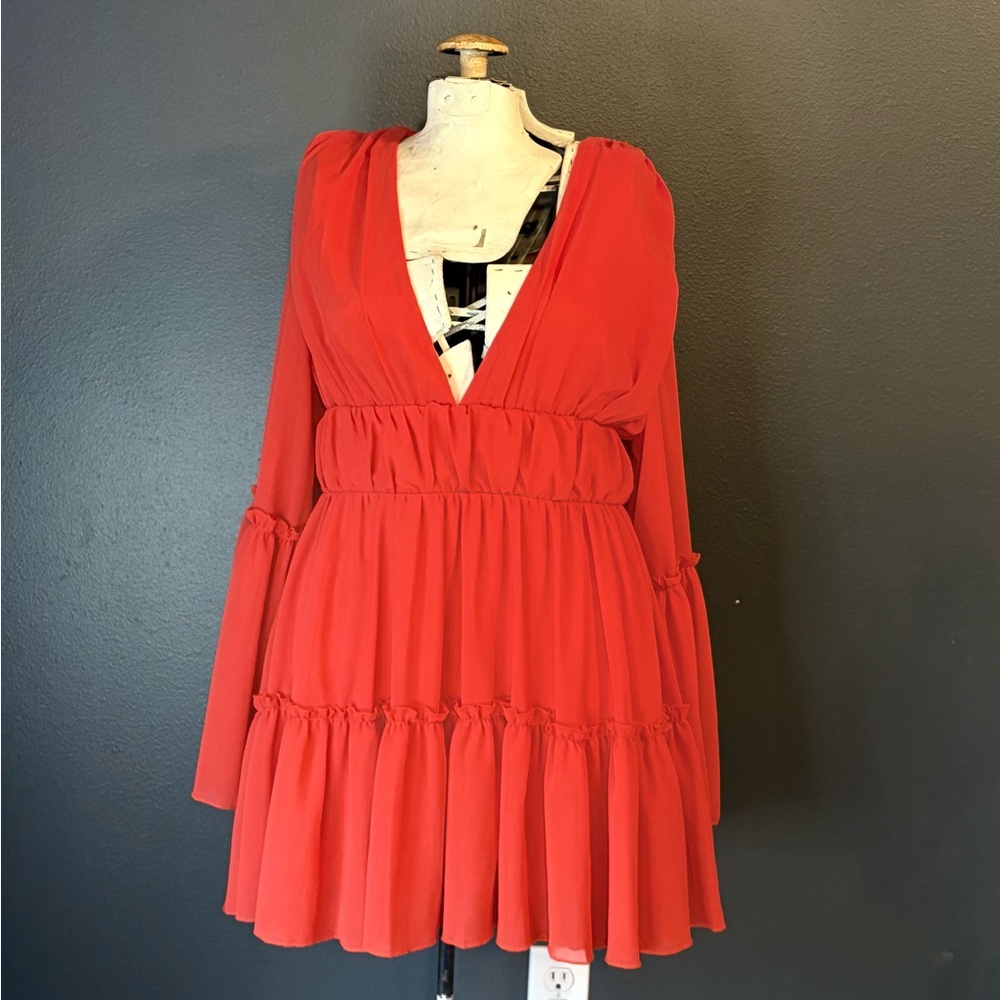 NWT Miss Ord Bright Orange Ruffle Flared Sleeves V-Neck Mini Dress Sz Medium